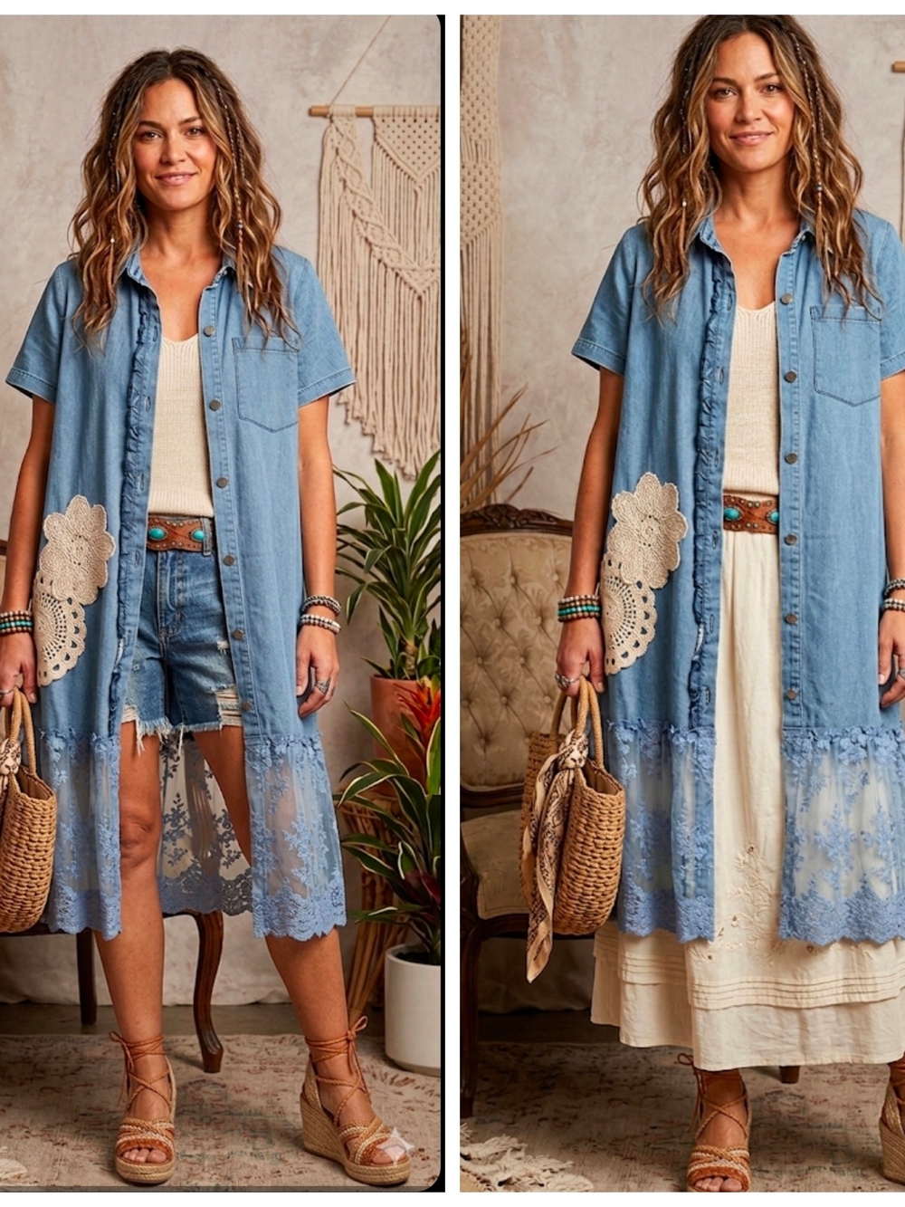 Light Denim Lace-Trim Duster with Crochet Patch Or Dress